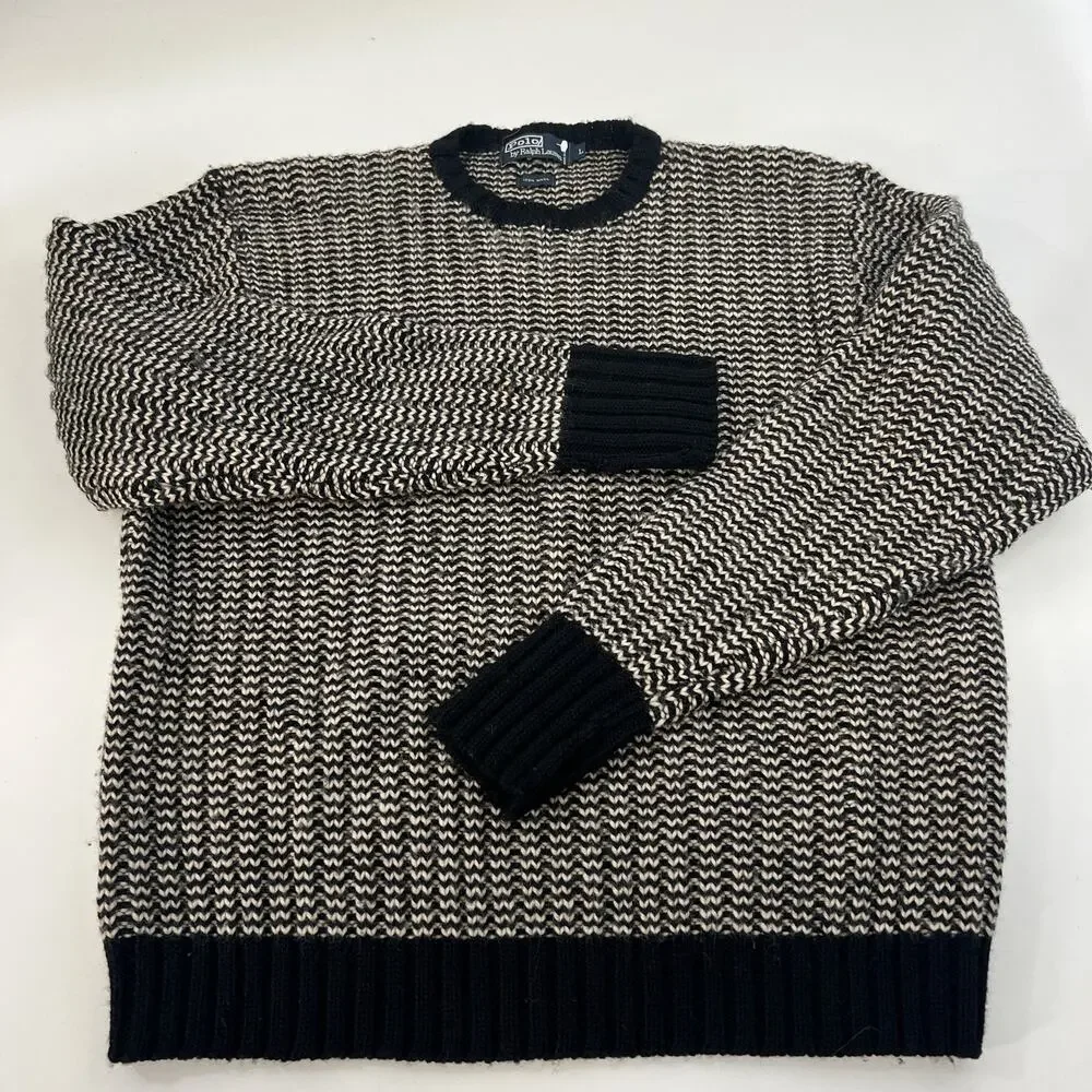 Vintage Polo Ralph Lauren Brioche Large Sweater Black White‎ Wool Knit Crewneck